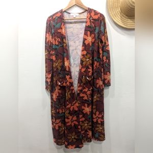 Lularoe Sarah Multi Floral Long Duster Cardigan Size M Long Sleeve 2 Pockets